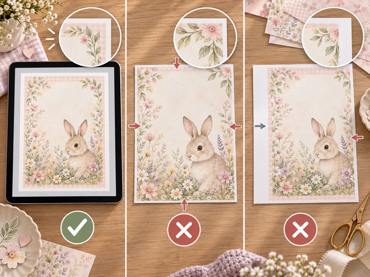 Three illustrative views of a full page, an enlarged crop and uneven edge clipping