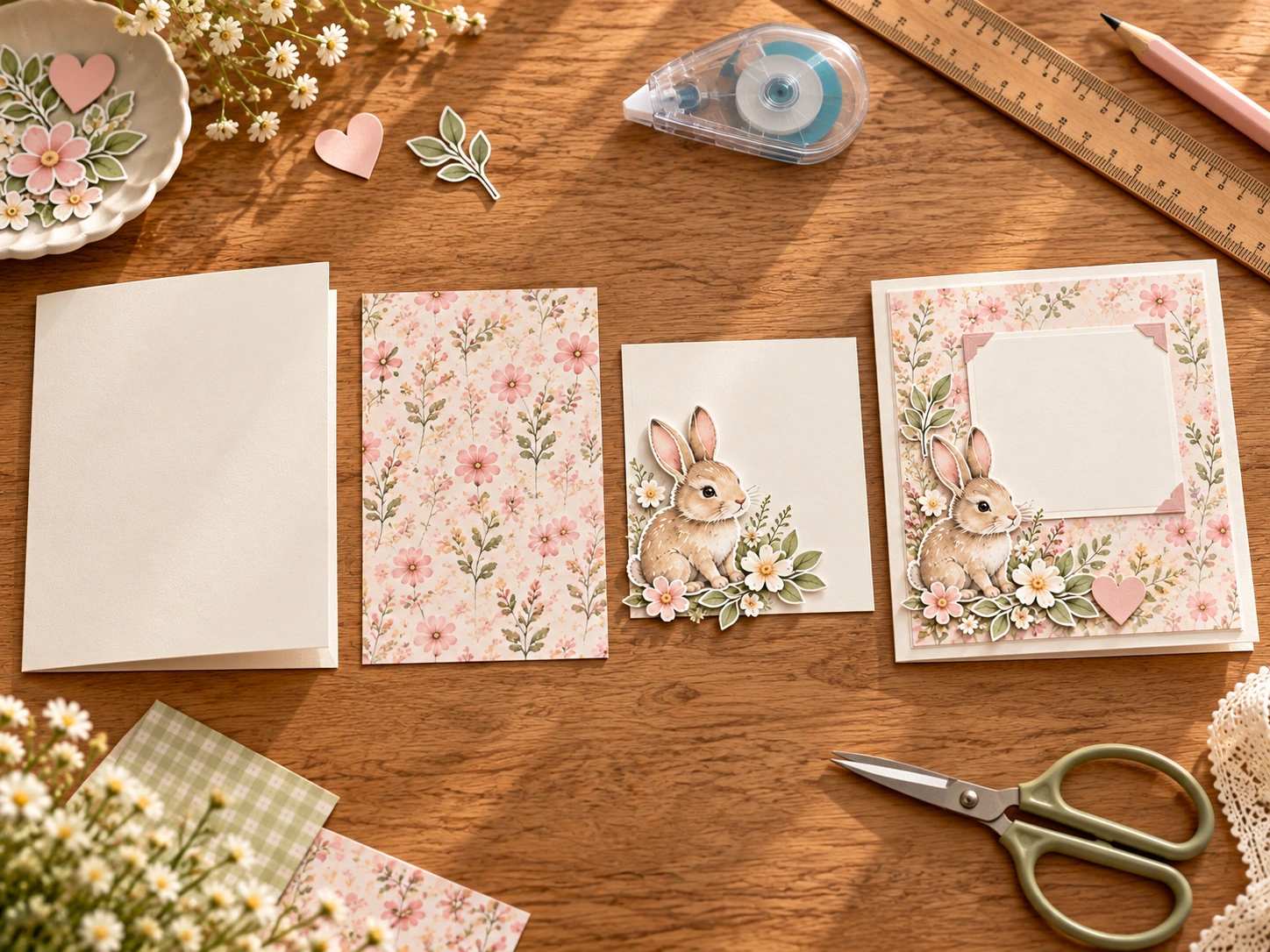 A folded card base, floral panel, bunny focal layer and finished card arranged in assembly order