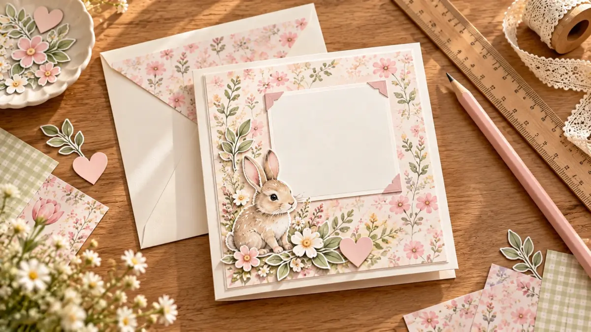 A handmade bunny card with a floral paper panel, blank focal area and matching envelope on a craft table