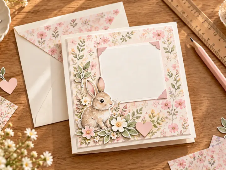 A handmade bunny card with a floral paper panel, blank focal area and matching envelope on a craft table