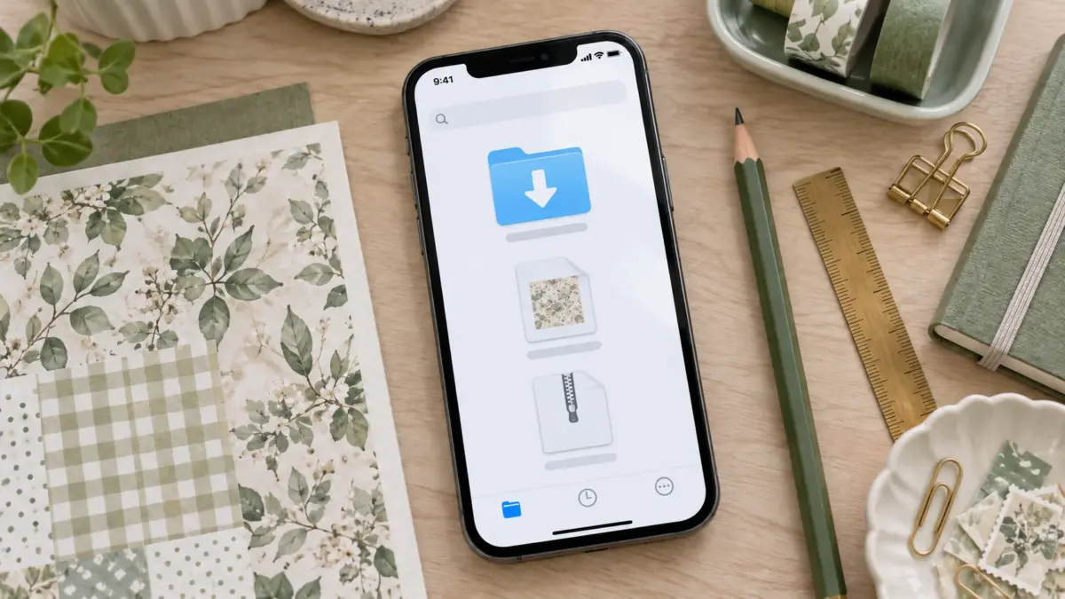 Illustration of a phone with generic download, PDF, and ZIP symbols beside printable scrapbook paper