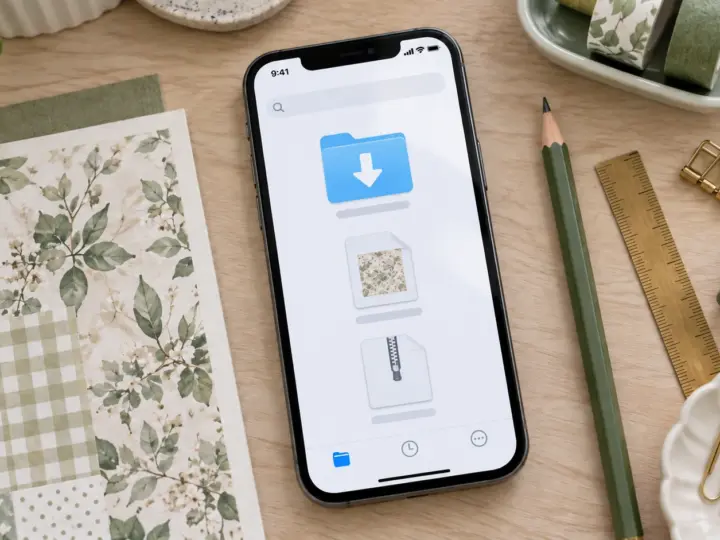 Illustration of a phone with generic download, PDF, and ZIP symbols beside printable scrapbook paper