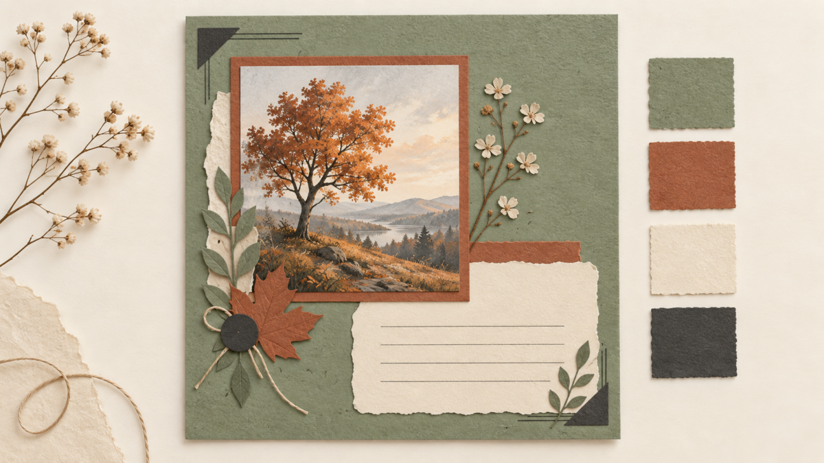 AI-generated mockup of a sage scrapbook page with a rust photo mat, cream journaling area and small charcoal accents.