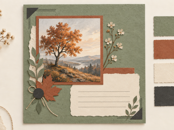 AI-generated mockup of a sage scrapbook page with a rust photo mat, cream journaling area and small charcoal accents.
