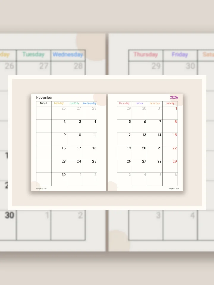 Free November 2026 monthly planner · 8 languages visual story illustration