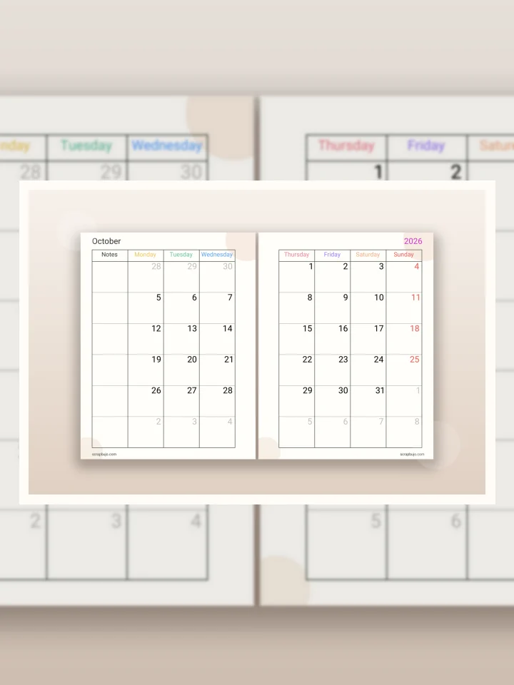 Free October 2026 monthly planner · 8 languages visual story illustration