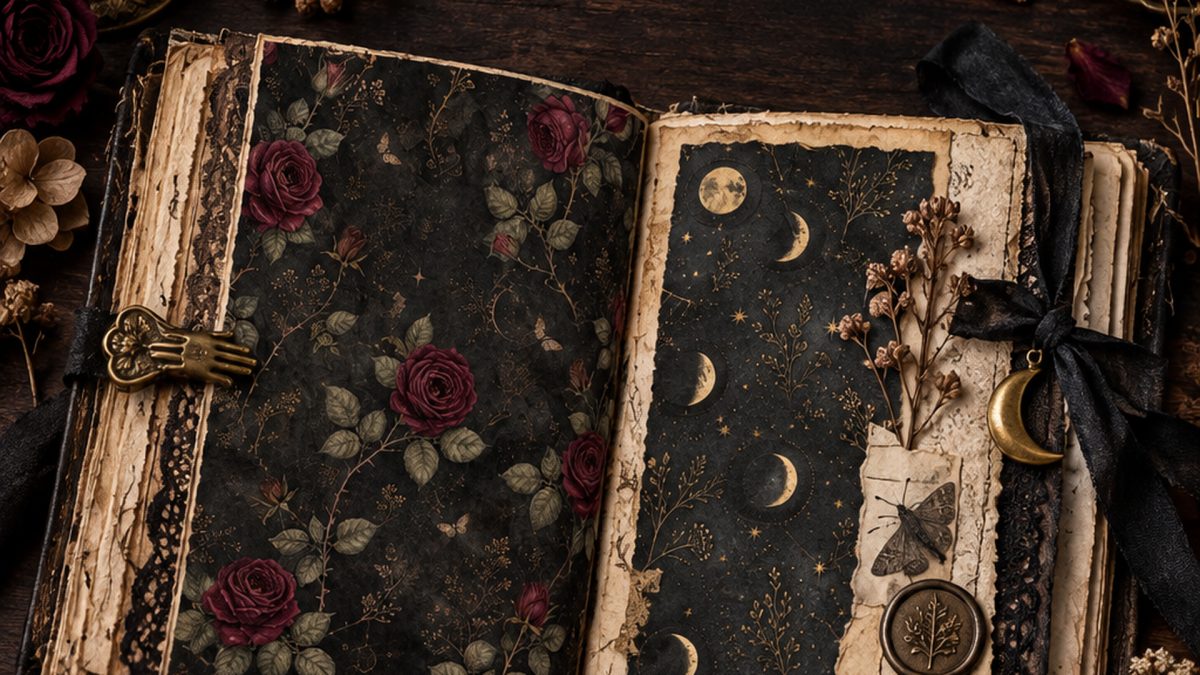 Dark Floral Halloween Journal: A Reading-Night Layout — ScrapBujo Discover editorial mockup