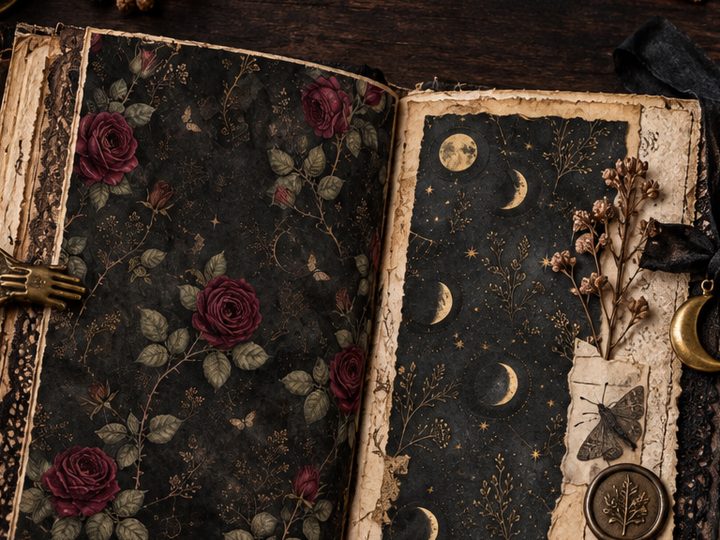 Dark Floral Halloween Journal: A Reading-Night Layout — ScrapBujo Discover editorial mockup
