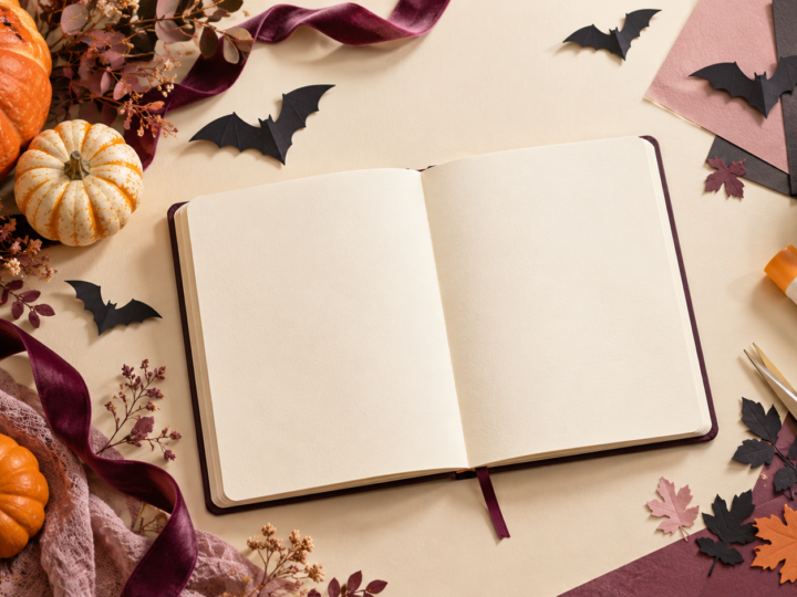 Halloween craft inspiration with a blank open journal, pumpkins, paper bats, plum ribbon, scissors and a glue stick on a cream table.