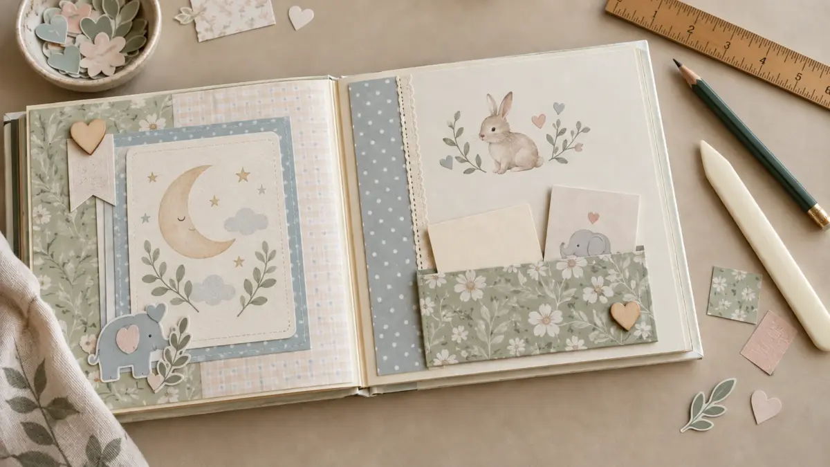 An open baby scrapbook with a flat floral keepsake pocket holding two removable cards