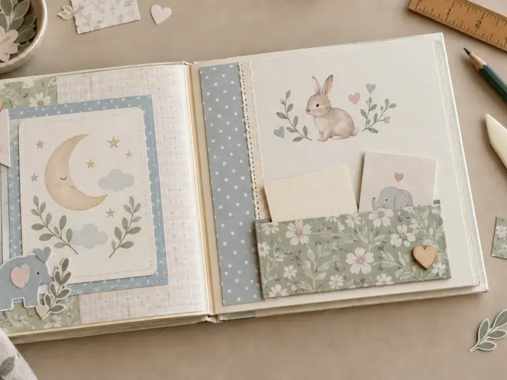 An open baby scrapbook with a flat floral keepsake pocket holding two removable cards