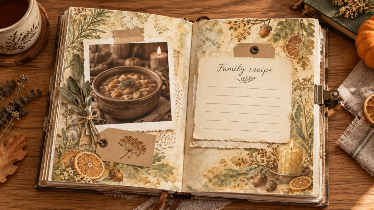 Illustrative autumn recipe journal mockup using a Kitchen Witch paper, with a soup photograph, a blank recipe card, and botanical journal props.