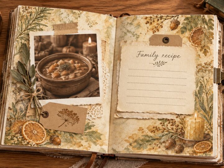 Illustrative autumn recipe journal mockup using a Kitchen Witch paper, with a soup photograph, a blank recipe card, and botanical journal props.