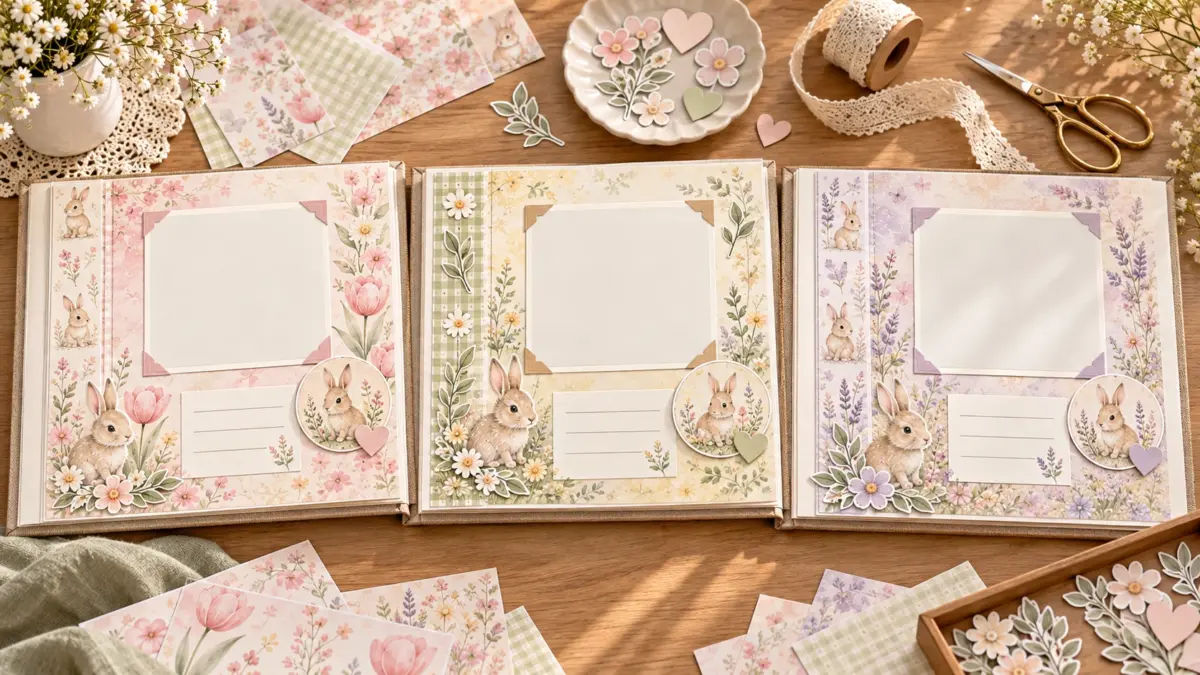 Three coordinated scrapbook pages with blank photo frames, journaling cards and changing bunny accents