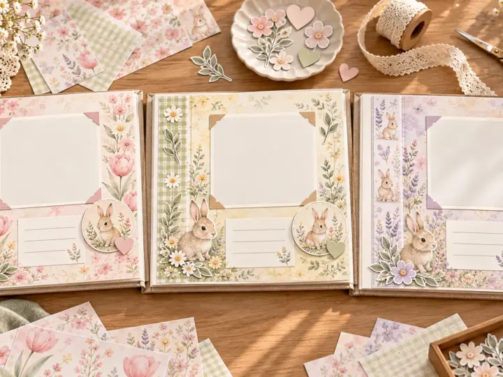 Three coordinated scrapbook pages with blank photo frames, journaling cards and changing bunny accents