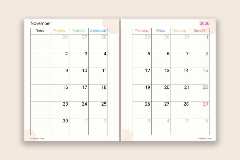 Free November 2026 monthly planner · English · teacher
