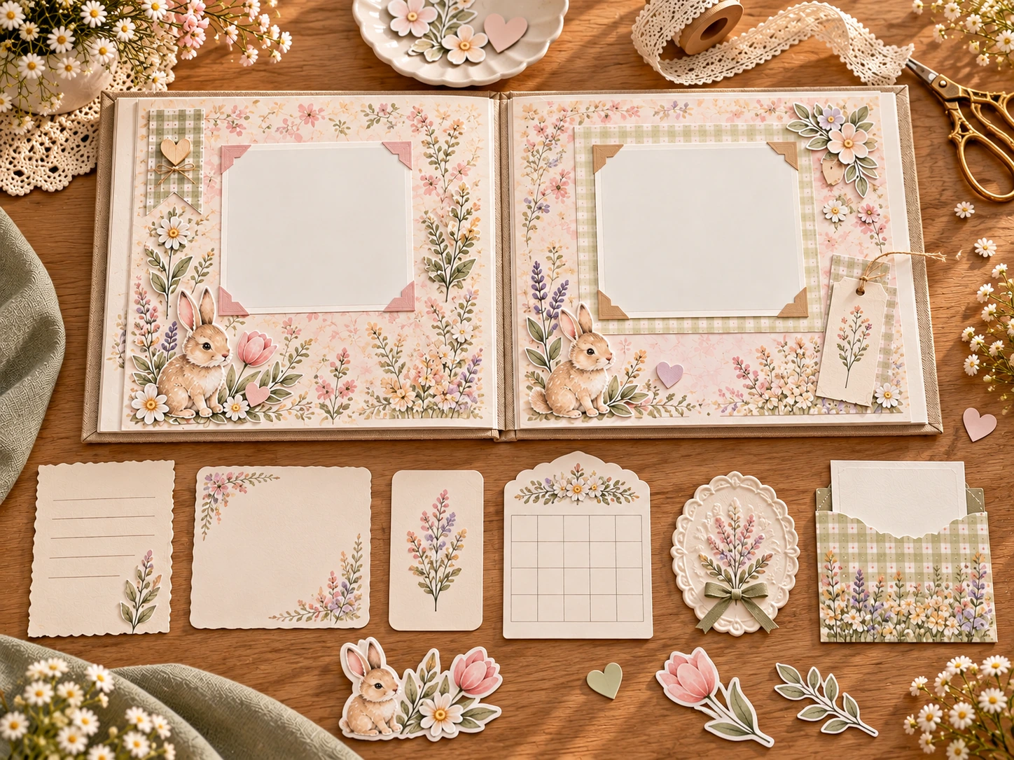 An open scrapbook above blank memory cards, a calendar grid and a paper pocket on a craft table