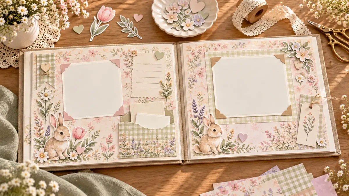 An open newborn memory scrapbook with blank photo spaces, a note card and a paper keepsake pocket
