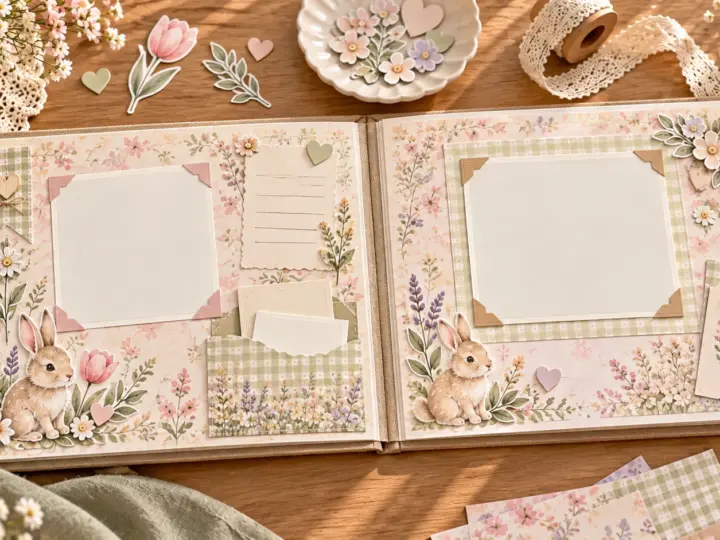 An open newborn memory scrapbook with blank photo spaces, a note card and a paper keepsake pocket