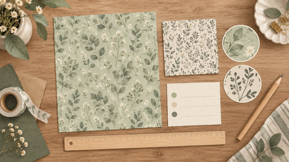 AI-generated illustration of botanical paper swatches, a ruler, blank notes, and a pencil arranged on a craft desk.