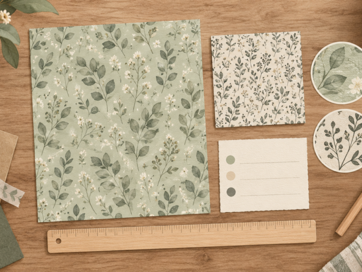 AI-generated illustration of botanical paper swatches, a ruler, blank notes, and a pencil arranged on a craft desk.