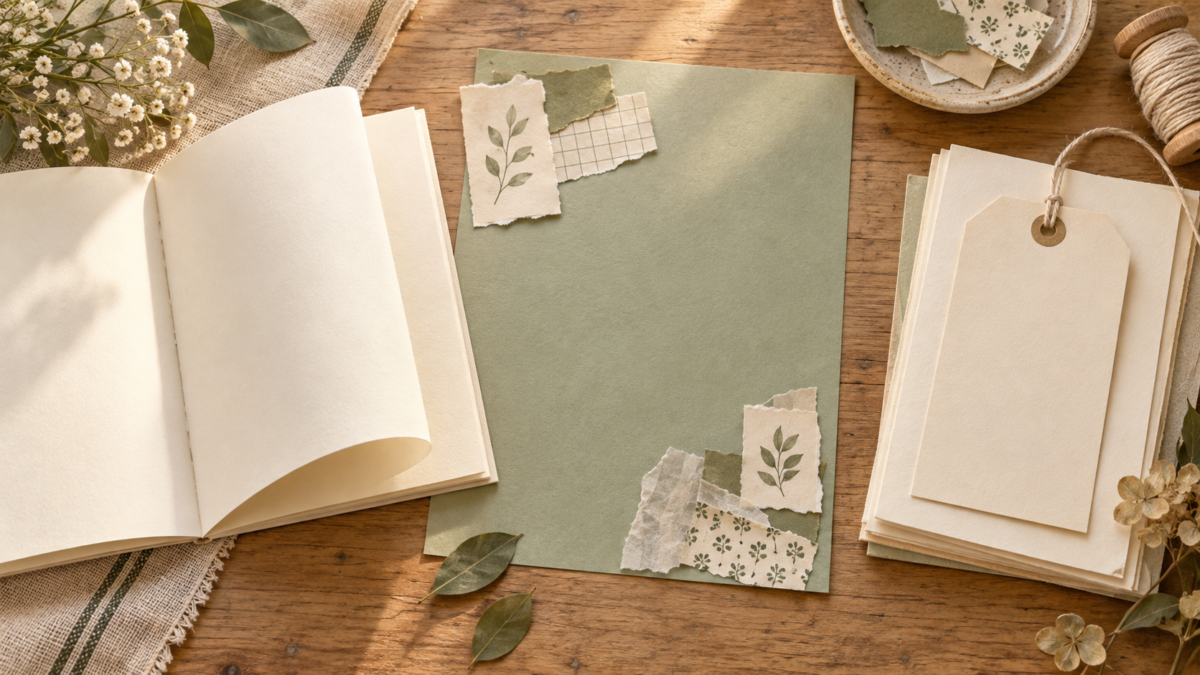 AI illustration of a folded journal page, a loose background sheet and a plain tag on a craft table.