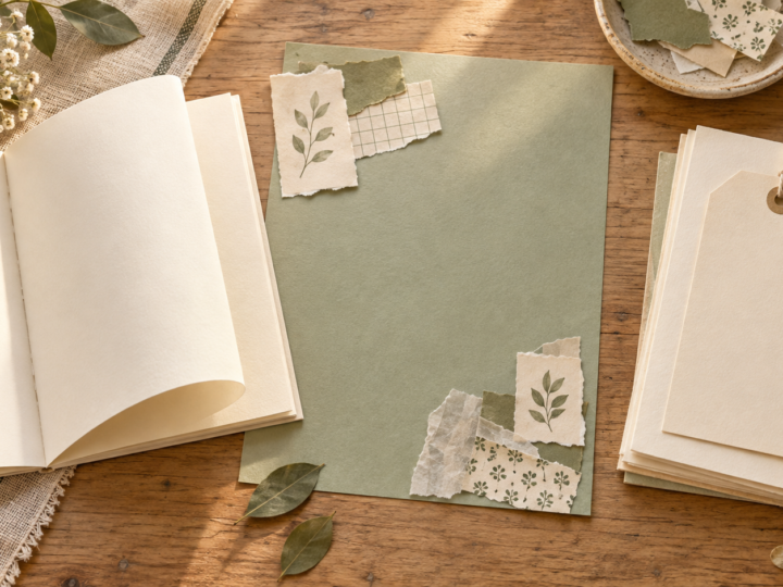 AI illustration of a folded journal page, a loose background sheet and a plain tag on a craft table.