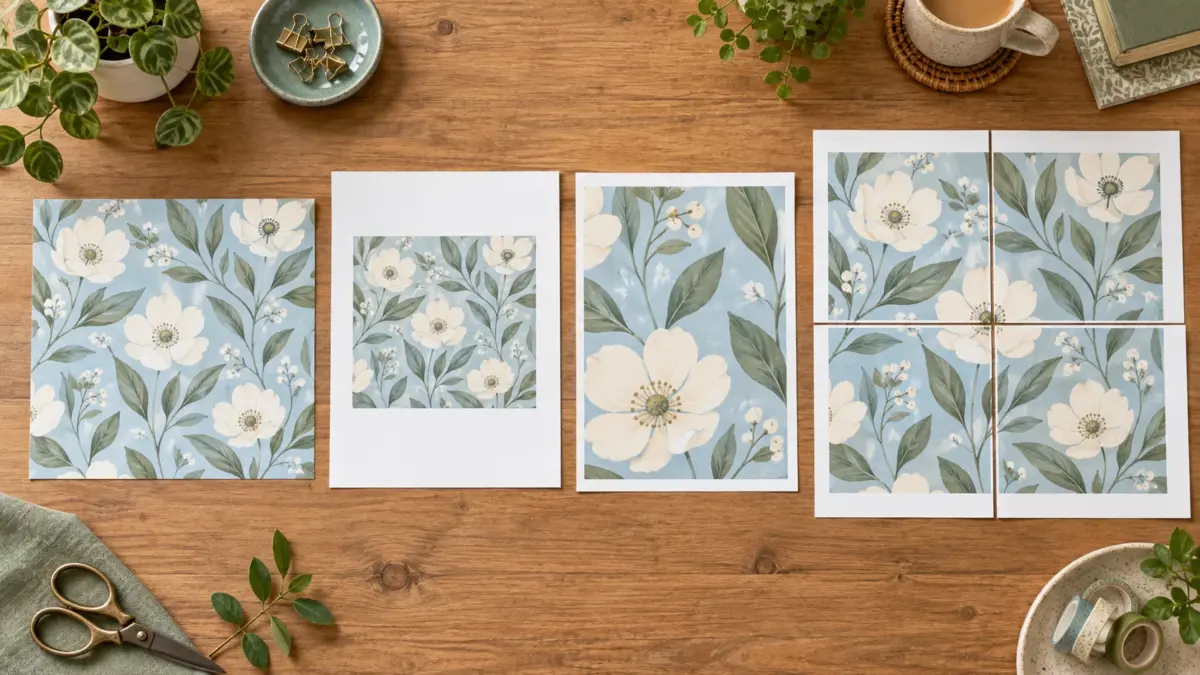 Illustration of a square digital paper reduced, cropped, or tiled across rectangular sheets.