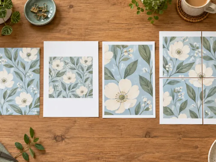 Illustration of a square digital paper reduced, cropped, or tiled across rectangular sheets.