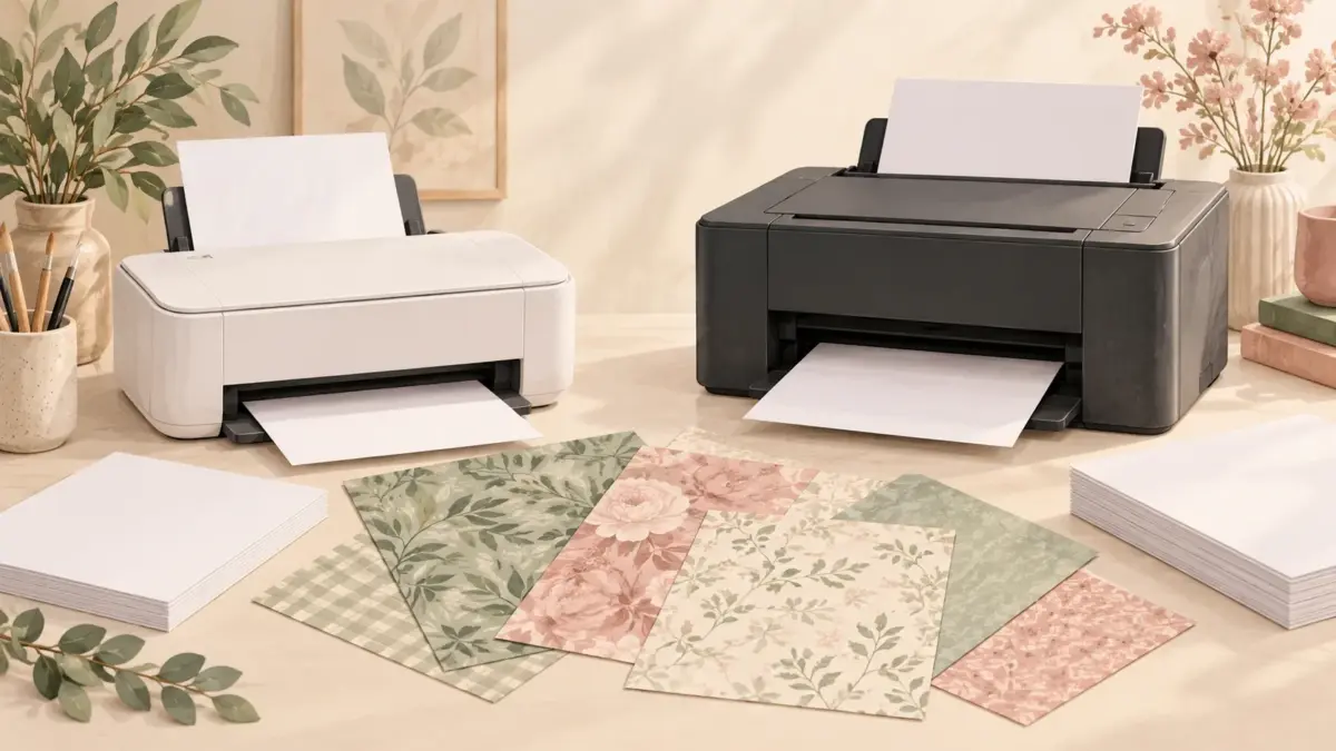 AI-generated illustration of two generic desktop printers with paper swatches