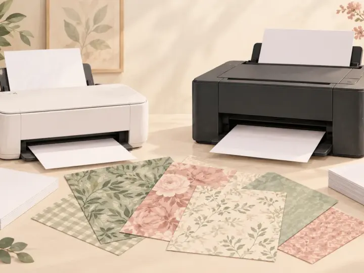 AI-generated illustration of two generic desktop printers with paper swatches