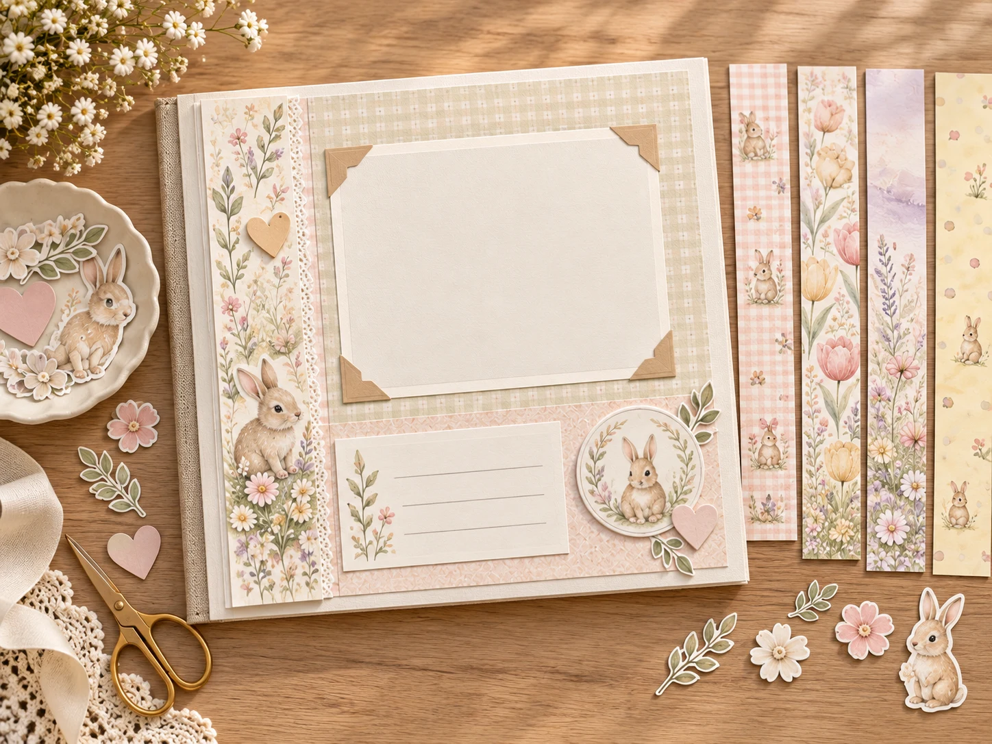 A scrapbook page with a blank photo frame and journaling card, beside a row of patterned paper strips
