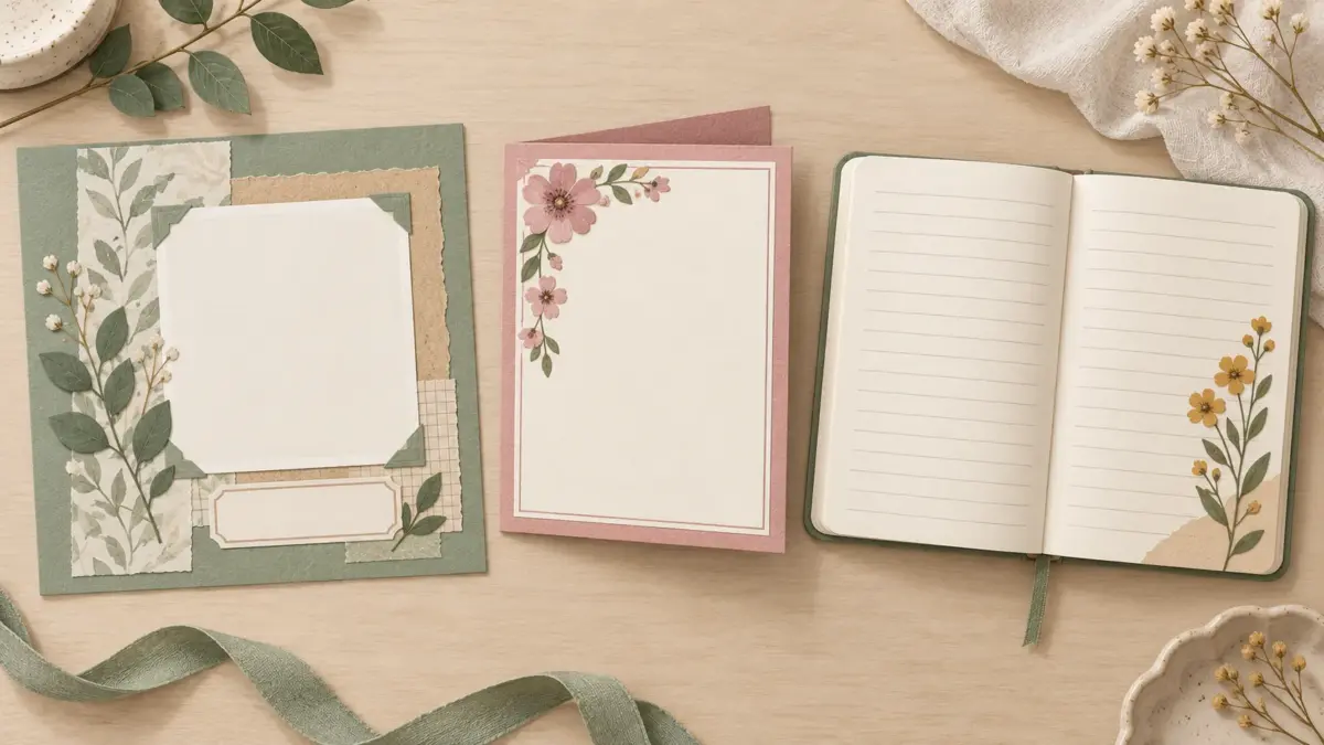 Illustration of a scrapbook page, a floral greeting card, and an open lined journal.