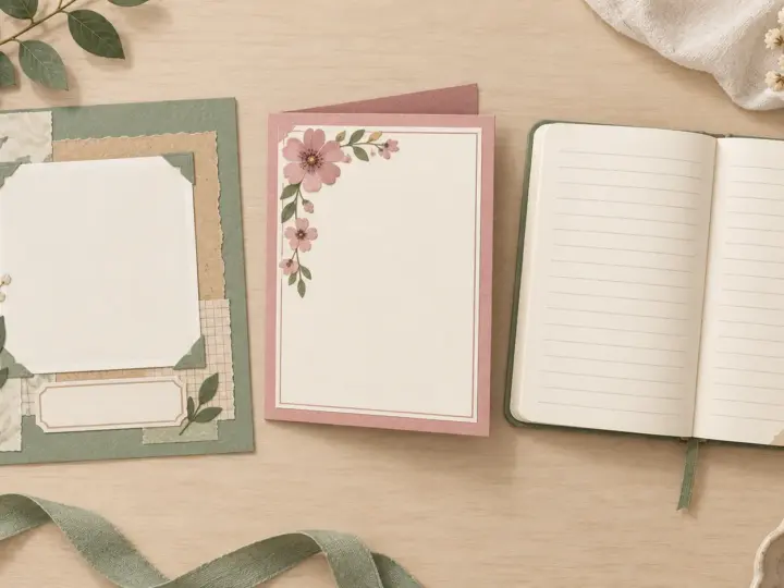 Illustration of a scrapbook page, a floral greeting card, and an open lined journal.