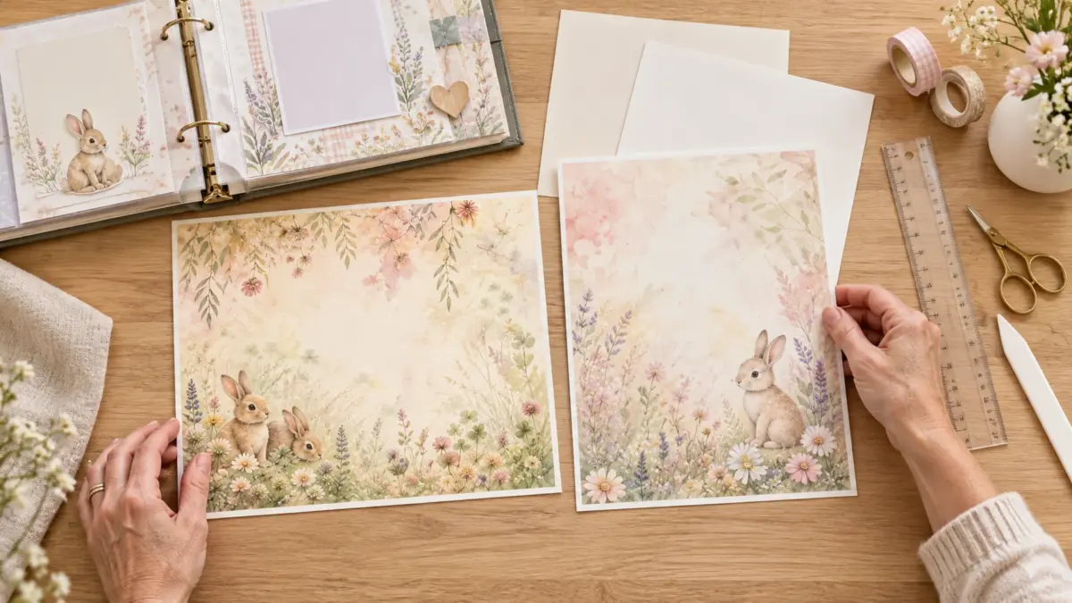Two differently oriented watercolor baby bunny sheets beside an open scrapbook album
