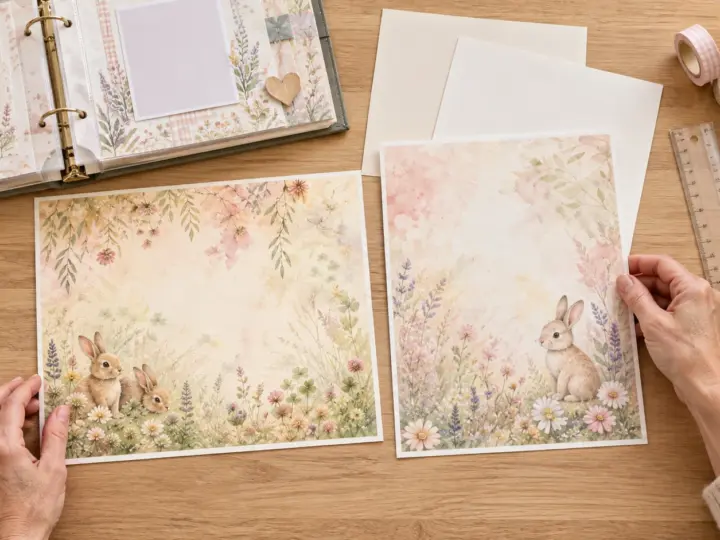 Two differently oriented watercolor baby bunny sheets beside an open scrapbook album