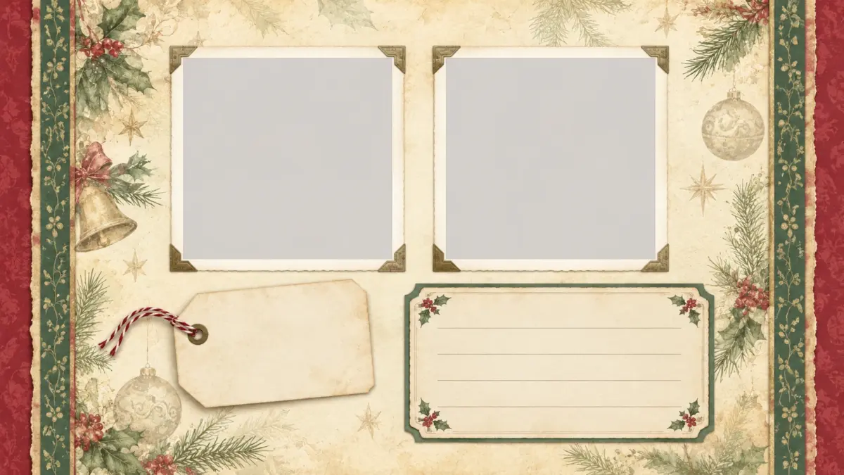 Digital Christmas scrapbook layout illustration with two blank photo spaces, a tag beneath the left space, and a lined note card beneath the right, framed by muted red and evergreen accents.
