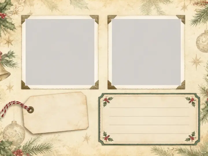 Digital Christmas scrapbook layout illustration with two blank photo spaces, a tag beneath the left space, and a lined note card beneath the right, framed by muted red and evergreen accents.
