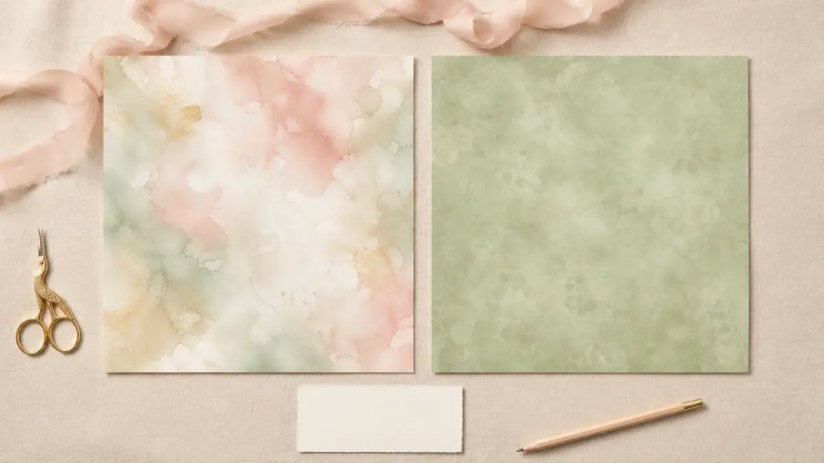 Illustrative flat-lay mockup of two blush and sage wedding scrapbook papers with ribbon, scissors and a blank journaling card.