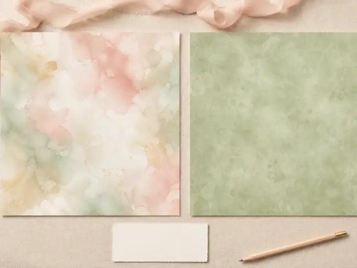 Illustrative flat-lay mockup of two blush and sage wedding scrapbook papers with ribbon, scissors and a blank journaling card.