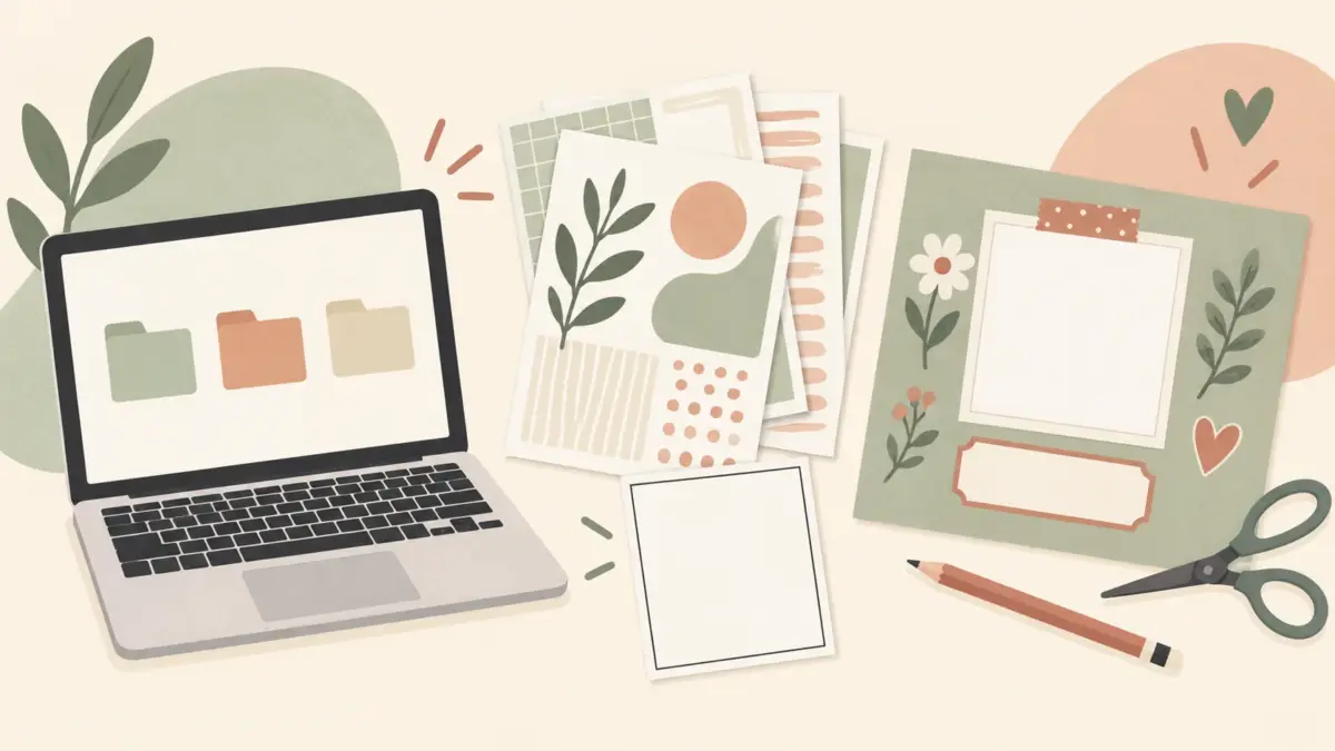 Illustration of a laptop with folder icons beside patterned printable sheets, a blank photo placeholder, and one scrapbook page with scissors and a pencil.