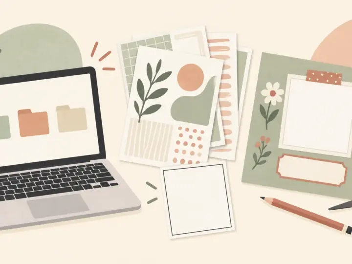 Illustration of a laptop with folder icons beside patterned printable sheets, a blank photo placeholder, and one scrapbook page with scissors and a pencil.