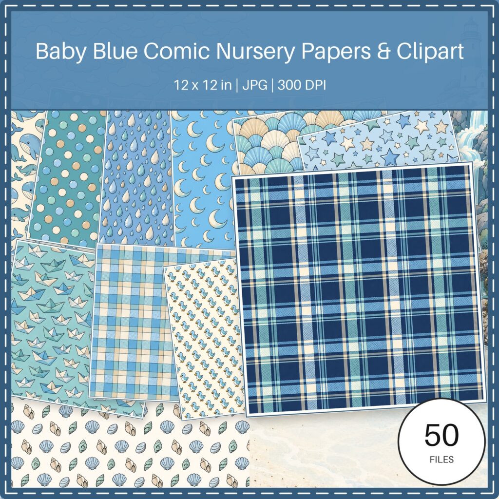 Baby Blue Comic Nursery Digital Papers