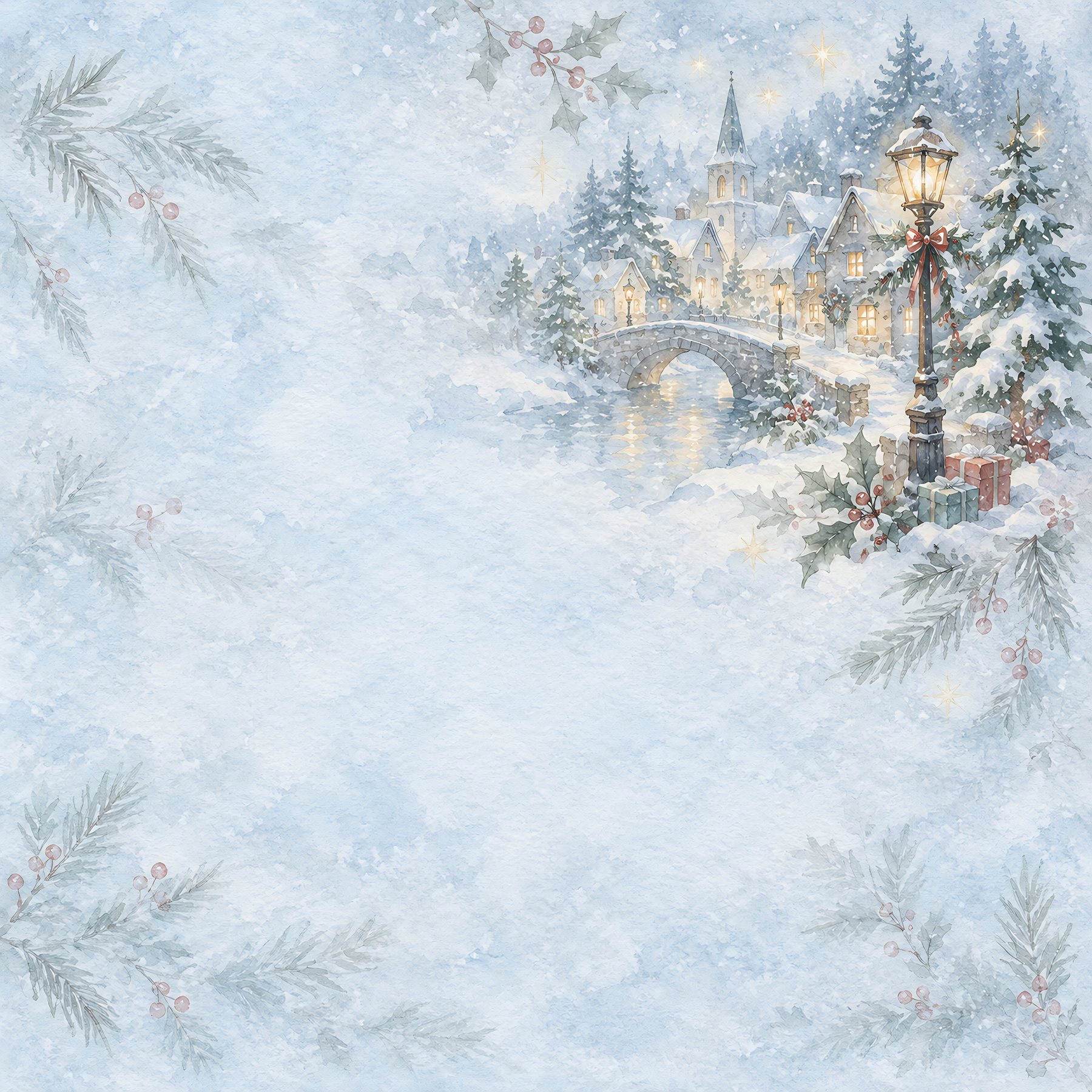Christmas Village Digital Paper, 40 Watercolor JPGs, 12×12 Scrapbook & Junk Journal Backgrounds preview 2