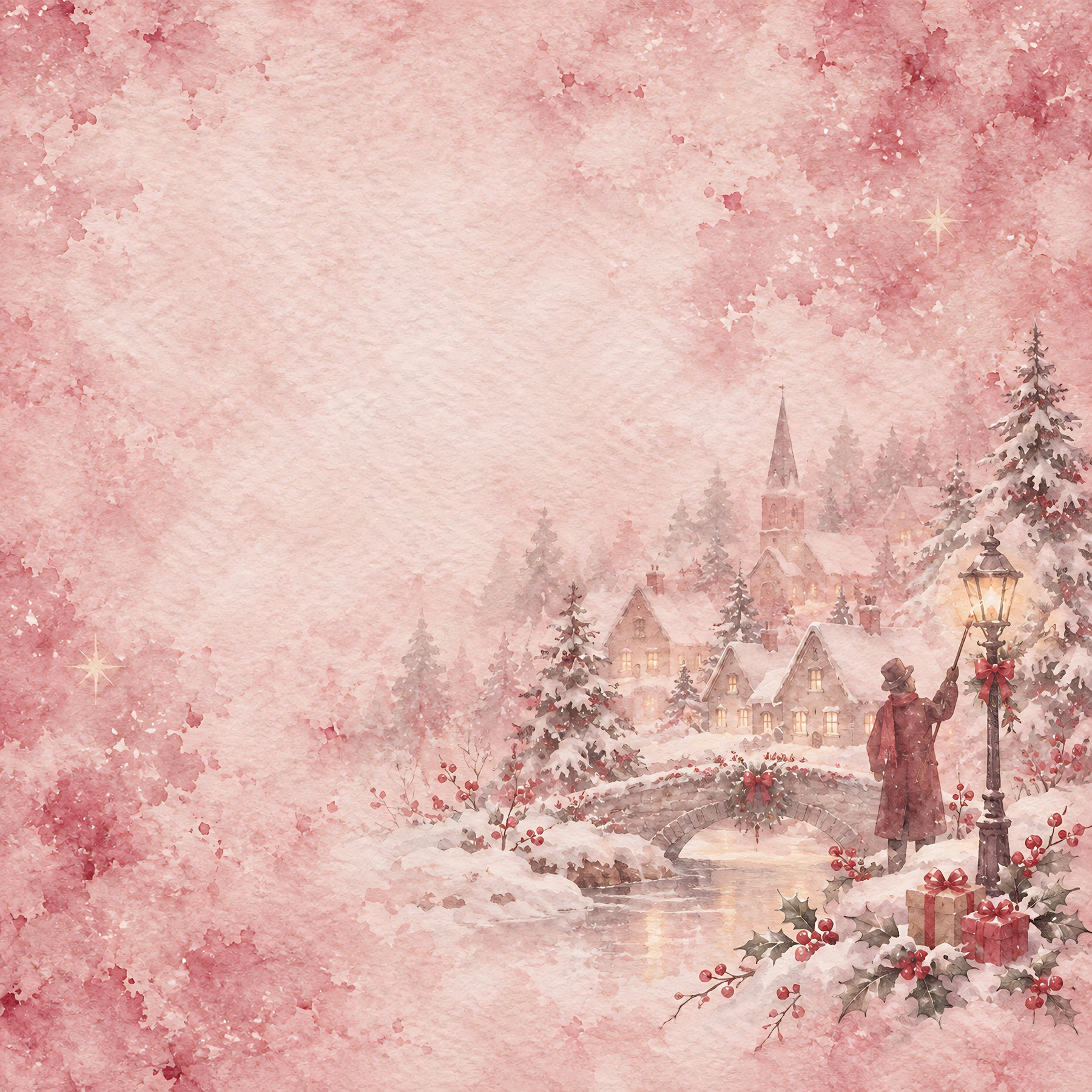 Christmas Village Digital Paper, 40 Watercolor JPGs, 12×12 Scrapbook & Junk Journal Backgrounds preview 4
