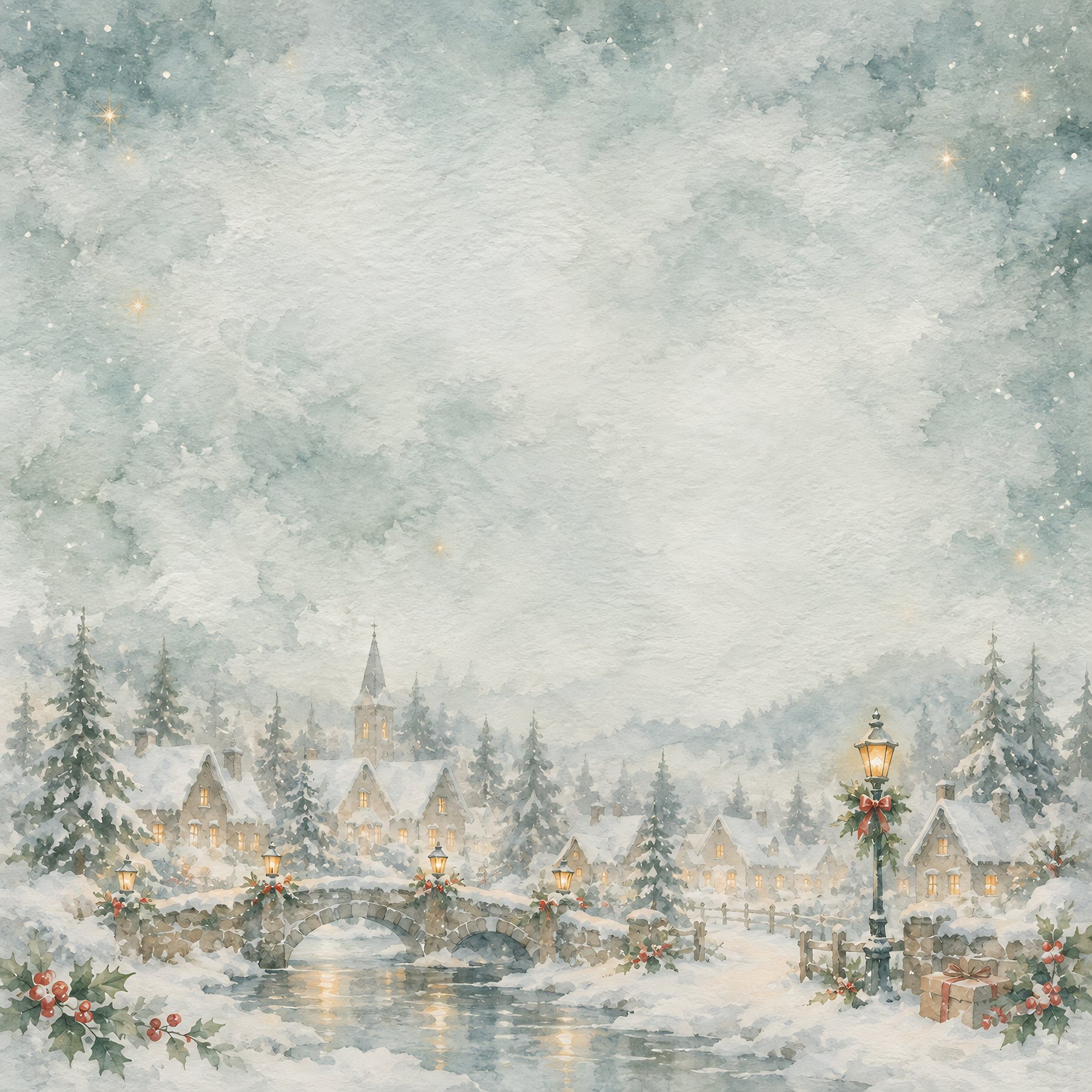 Christmas Village Digital Paper, 40 Watercolor JPGs, 12×12 Scrapbook & Junk Journal Backgrounds preview 6