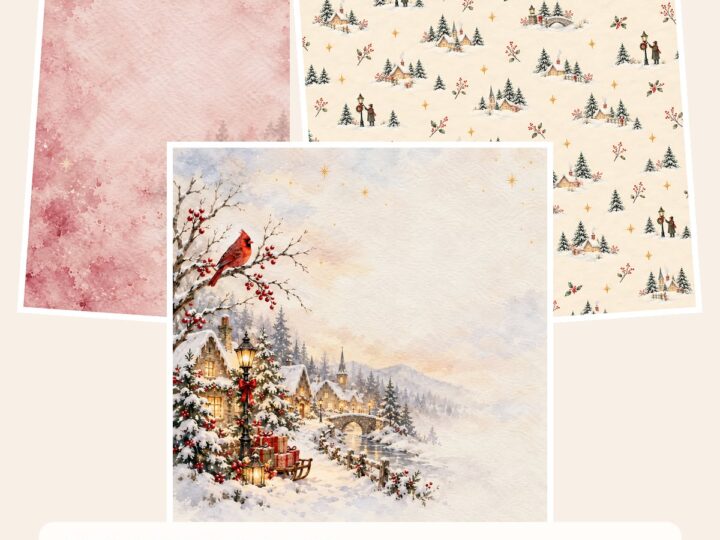 Free Christmas Village Digital Paper, 40 Watercolor JPGs, 12×12 Scrapbook & Junk Journal Backgrounds – 3 Printable Scrapbook Paper Samples