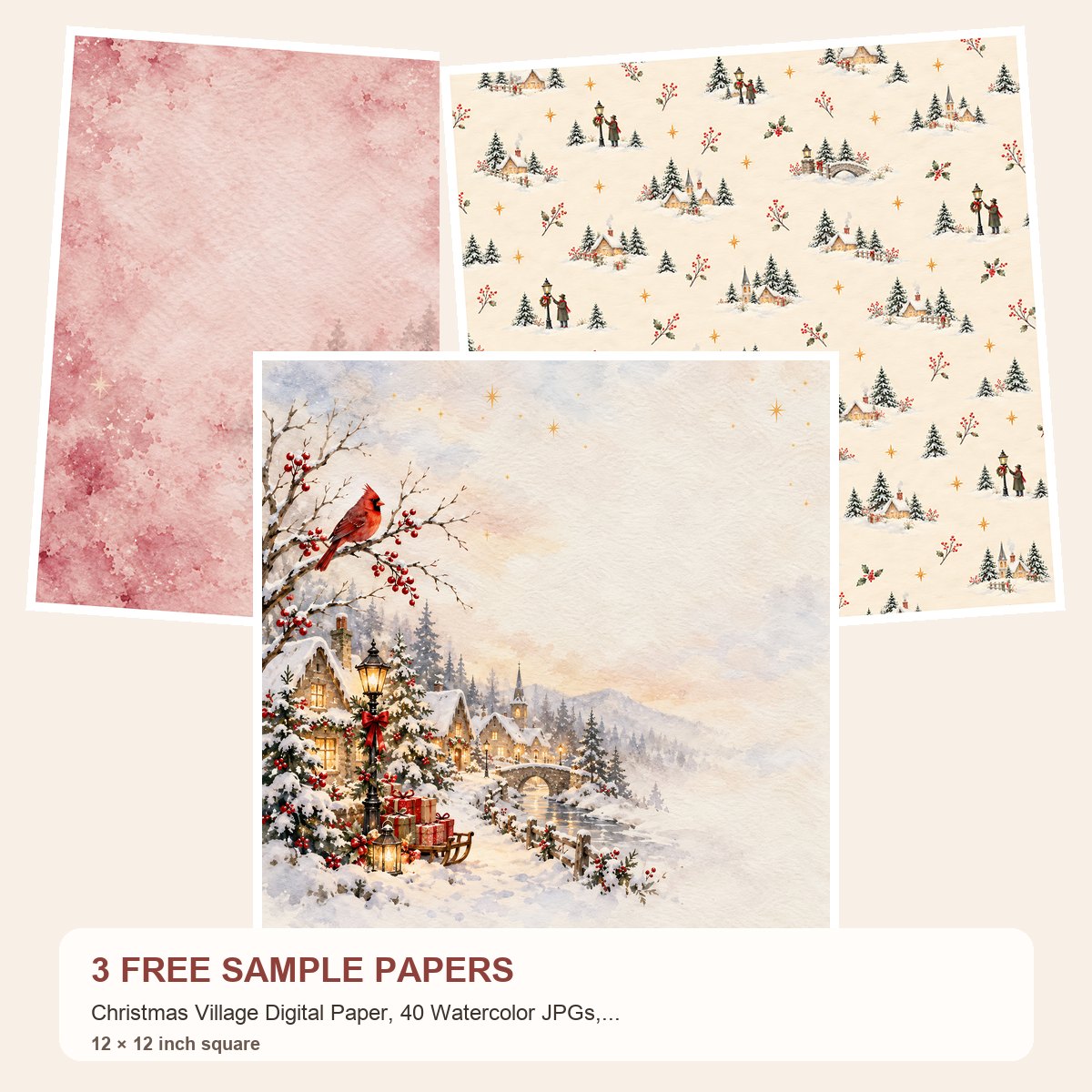 Free Christmas Village Digital Paper, 40 Watercolor JPGs, 12×12 Scrapbook & Junk Journal Backgrounds – 3 Printable Scrapbook Paper Samples