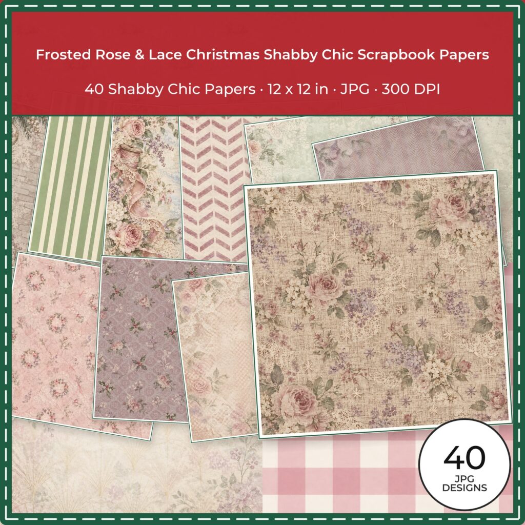 Frosted Rose & Lace Christmas Scrapbook Paper | 40 Shabby Chic 12×12 JPGs