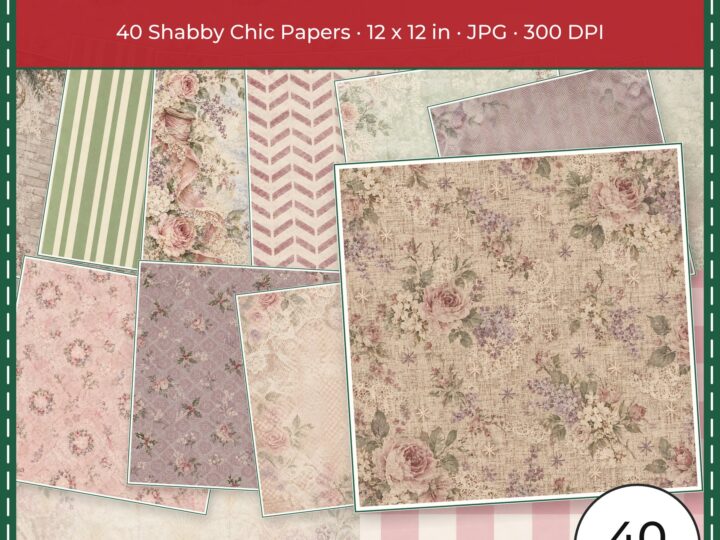 Frosted Rose & Lace Christmas Scrapbook Paper | 40 Shabby Chic 12×12 JPGs
